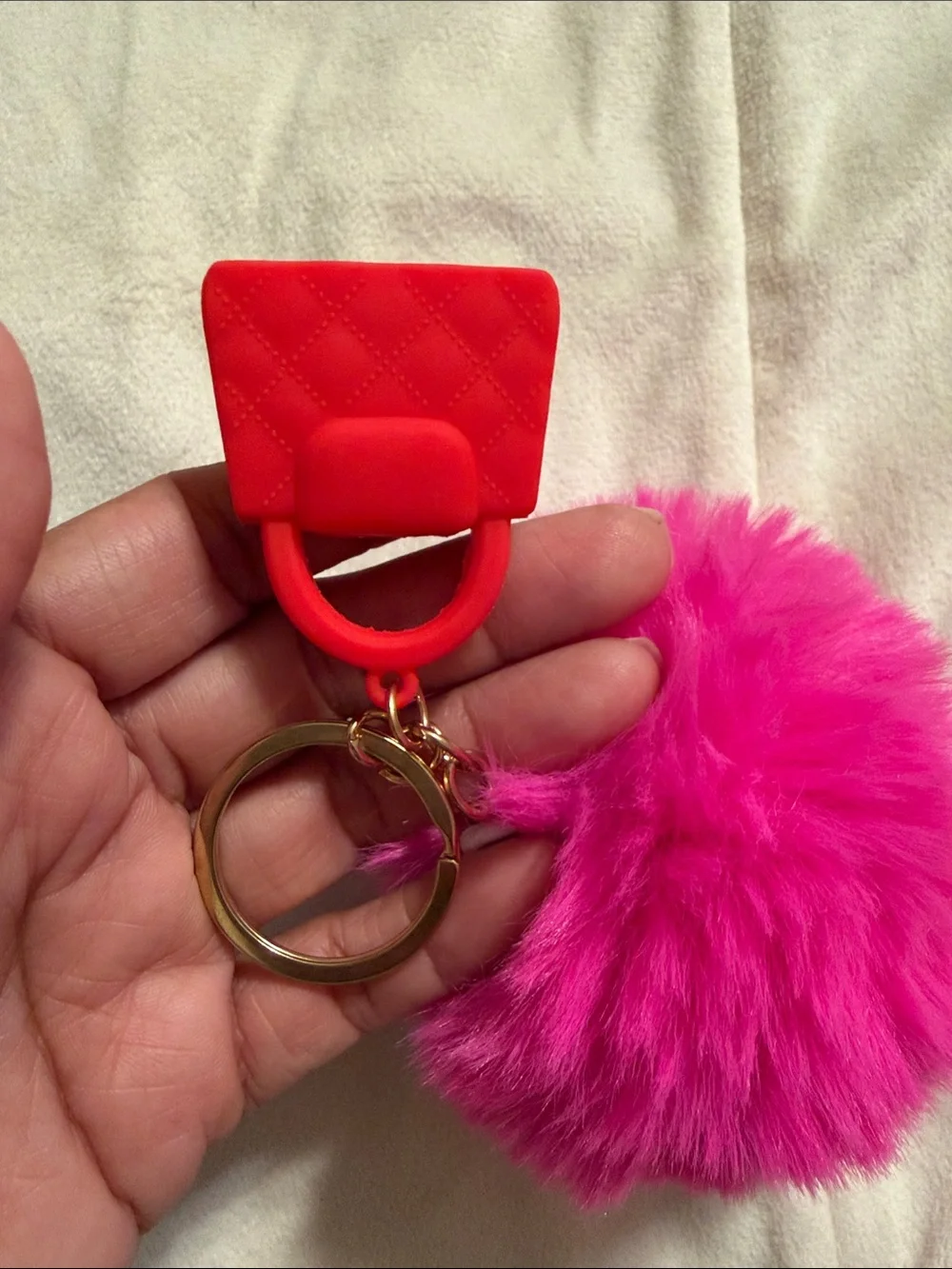 Fuchsia Fur Pom Pom Key Ring with Red Mini Bag Charm